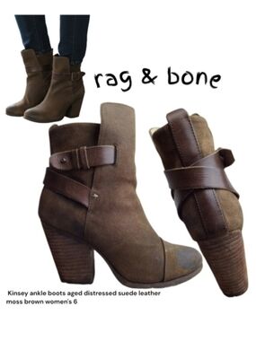 rag & bone Women's Kinsey ankle boots aged distressed suede leather moss brown 6